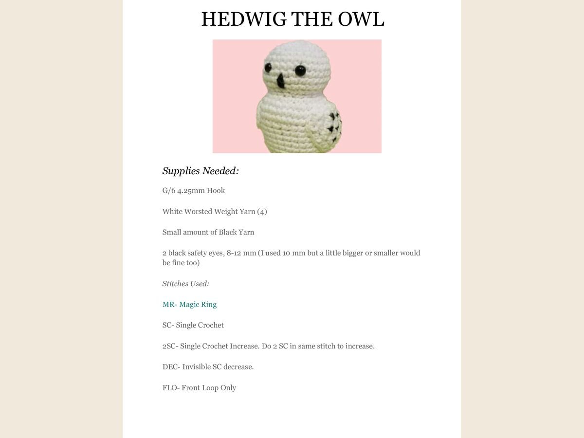 HEDWIG THE OWL Pattern